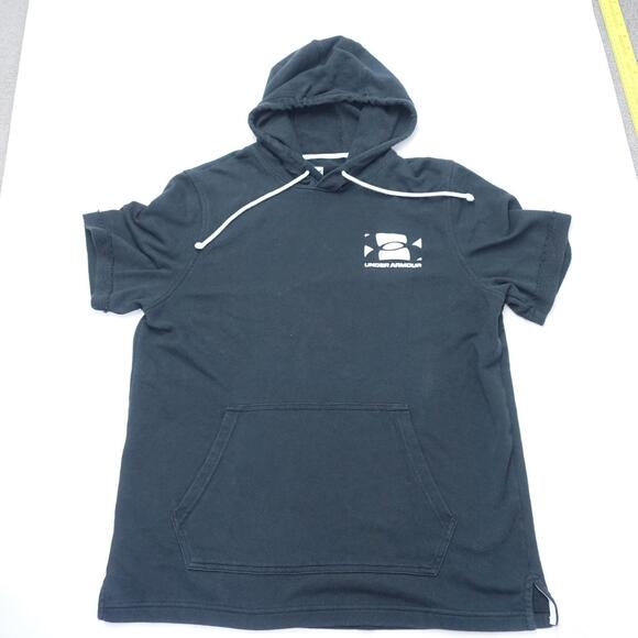 Under Armour Hoodie Mens L Black Logo Short Sleeve Kangaroo Pockets Pullover - Picture 1 of 6